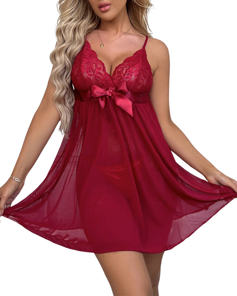 Lingerie for Women Lace Babydoll Halter Chemise V Neck Nightgown(with pants)