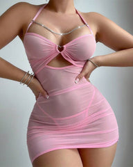 Mesh see-through halter neck tight dress