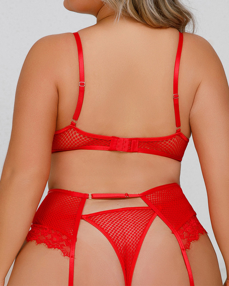 Plus size Women Sexy Fishnet Lace Underwire 4 Piece Sets
