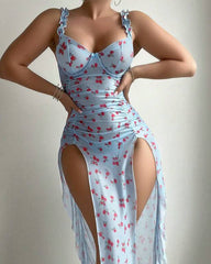 Printed open back high slit nightdress with bust support