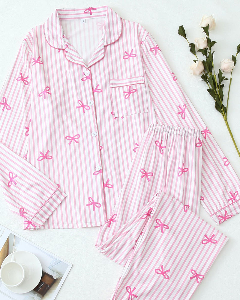 Cozy Striped Pajama Set – Long Sleeve Top with Cute Bow Print