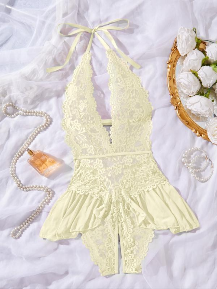 Sexy Hollow Lace Strappy Crotchless See-Through Bodysuit