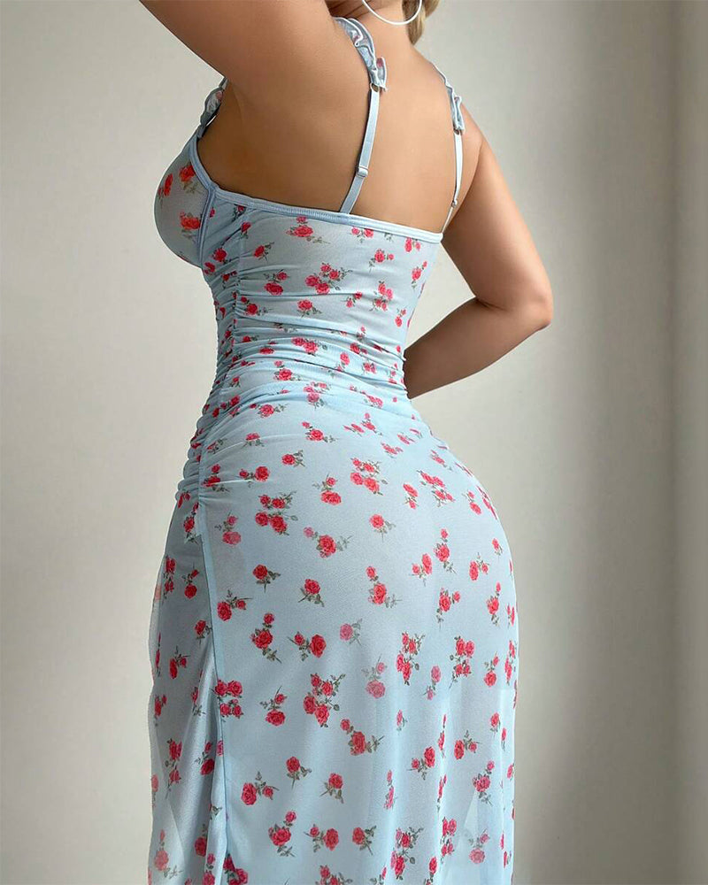 Printed open back high slit nightdress with bust support