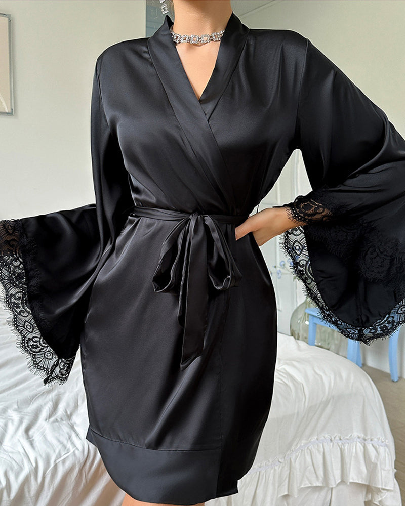 Sexy long sleeve backless ladies silks robe