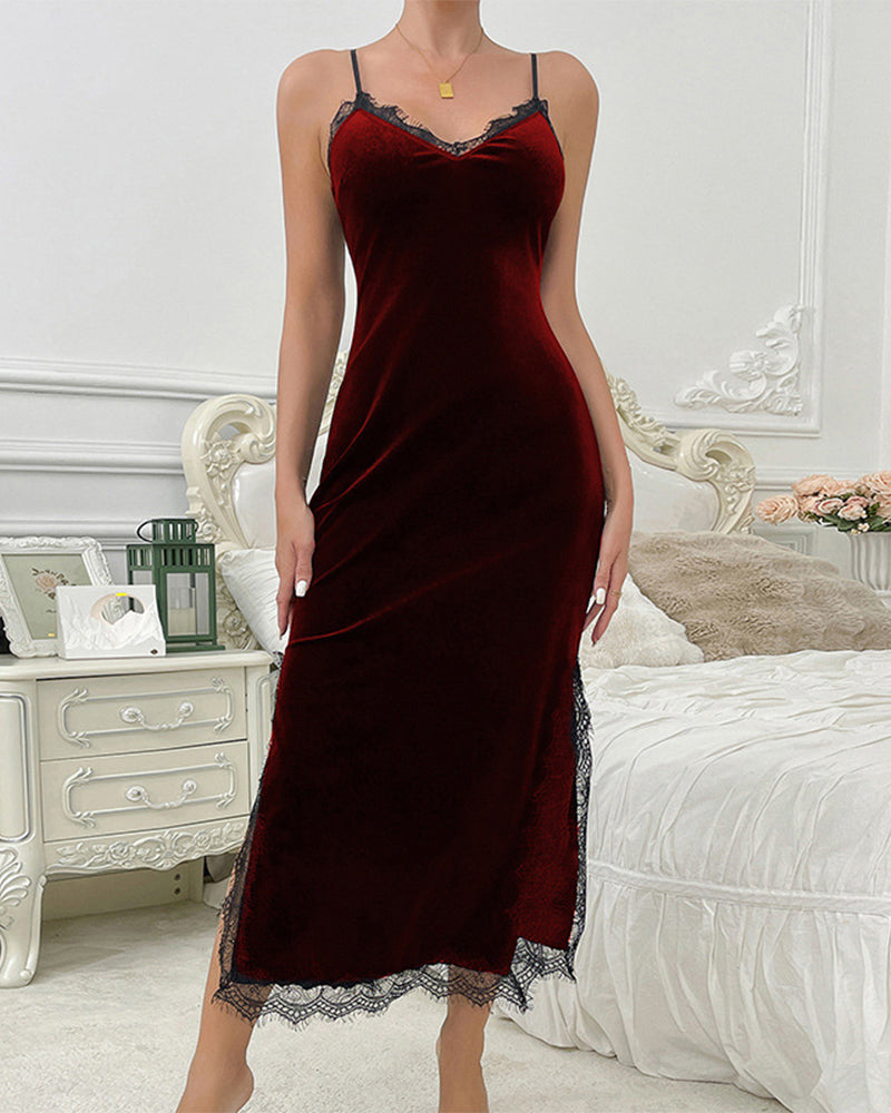 Sexy deep v sling velvet lace backless long nightgown