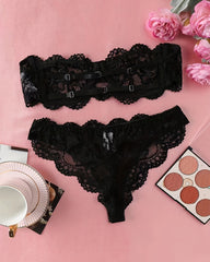 Floral Lace Sexy Lingerie Two-Piece Set, Romantic Underwire Bandeau Bra & Scallop Trim Thong