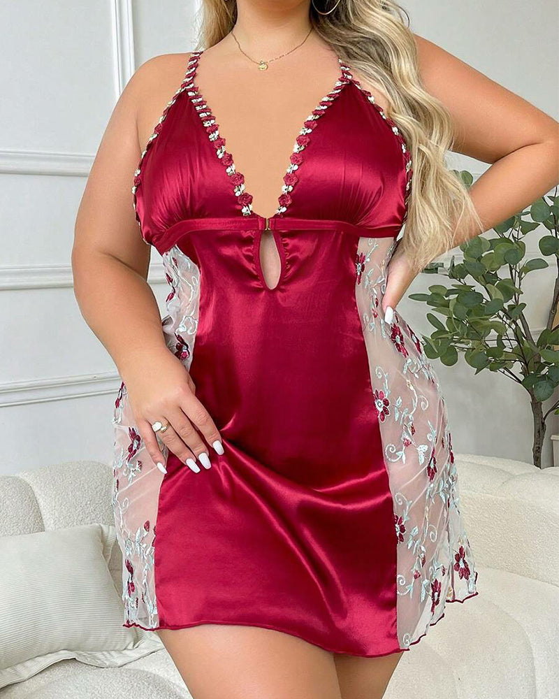 Sexy V-Neck Sling Nightdress with Cross-Back & Embroidered Details