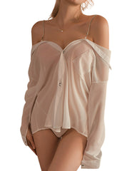 Boyfriend style white shirt off-shoulder see-through pajamas seductive set