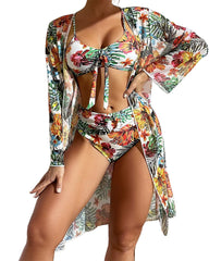 Long-sleeved blouse split three-piece swimsuit print sexy swimsuit new bikini