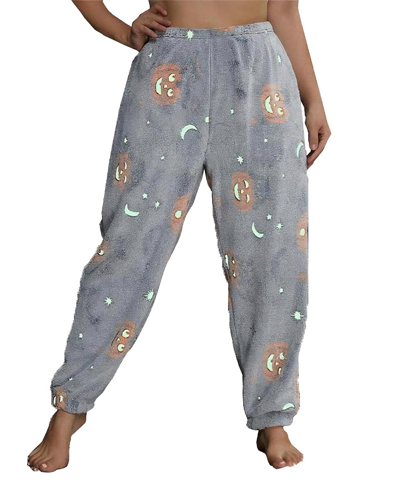 Halloween luminous flannel autumn and winter plus velvet graffiti luminous pants