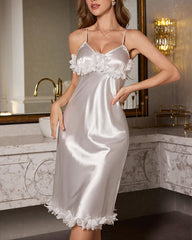 Sexy Satin Lace Trim Long Slip Nightgown with Open Back