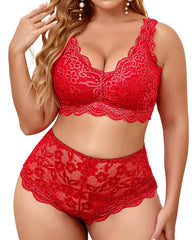 Plus Size Lingerie Set for Women Sexy Lace Halter Bralette High Waist Panty Set