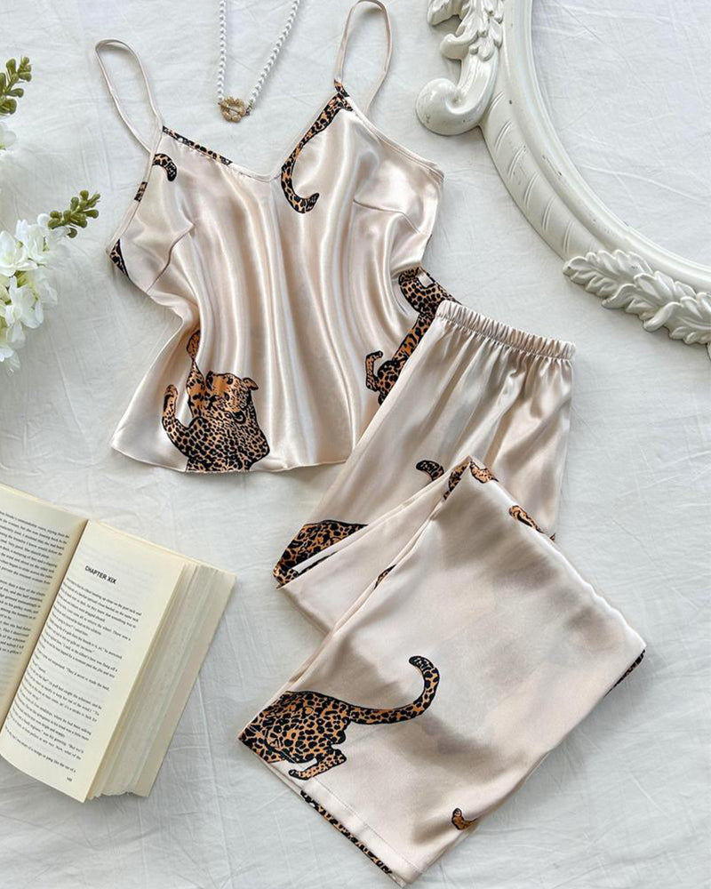 Sexy Leopard Print Satin Cami and Long Pants Pajama Set
