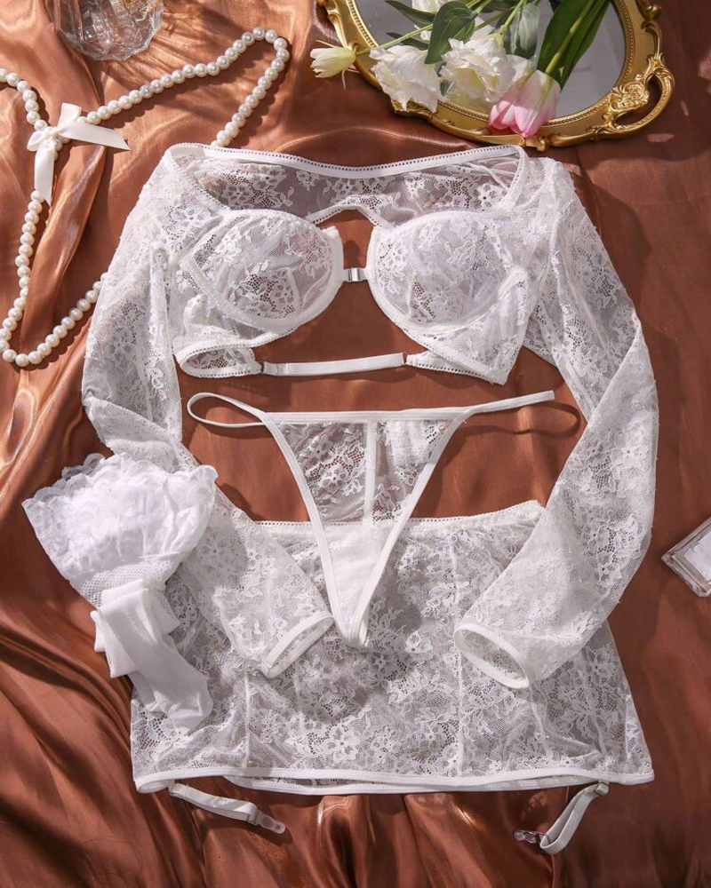 Women's 4 Piece Lace Underwire Lingerie Set Long Sleeve Babydoll