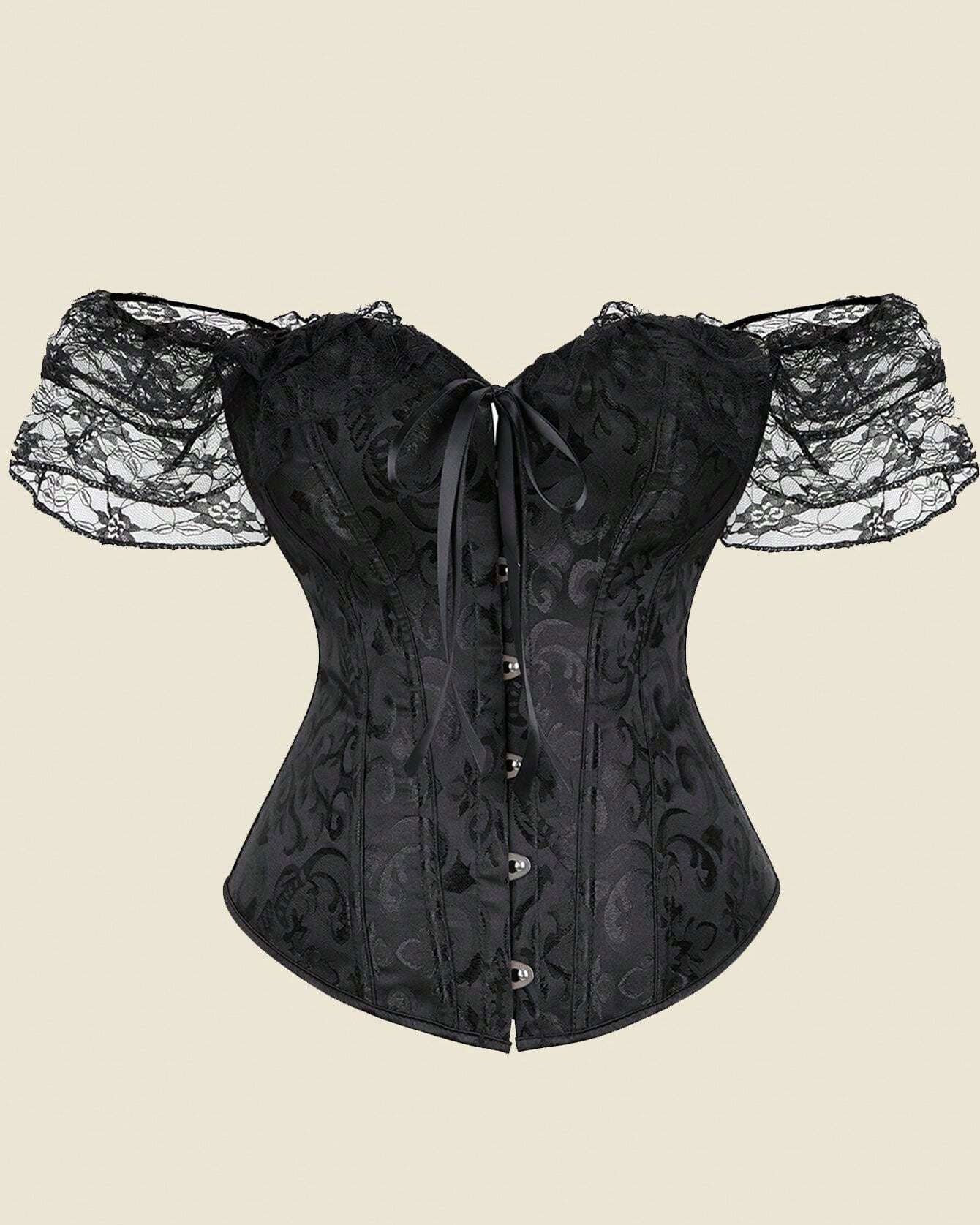 Women Corset Top with Lace Sleeve Lace Up Sexy Bustier Lingerie