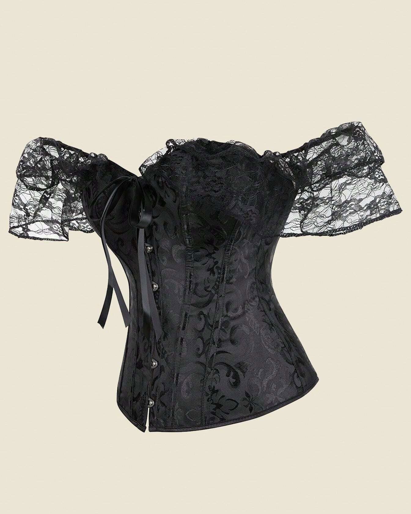 Women Corset Top with Lace Sleeve Lace Up Sexy Bustier Lingerie