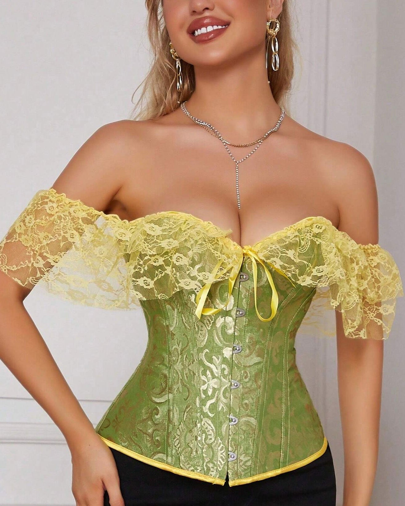 Women Corset Top with Lace Sleeve Lace Up Sexy Bustier Lingerie
