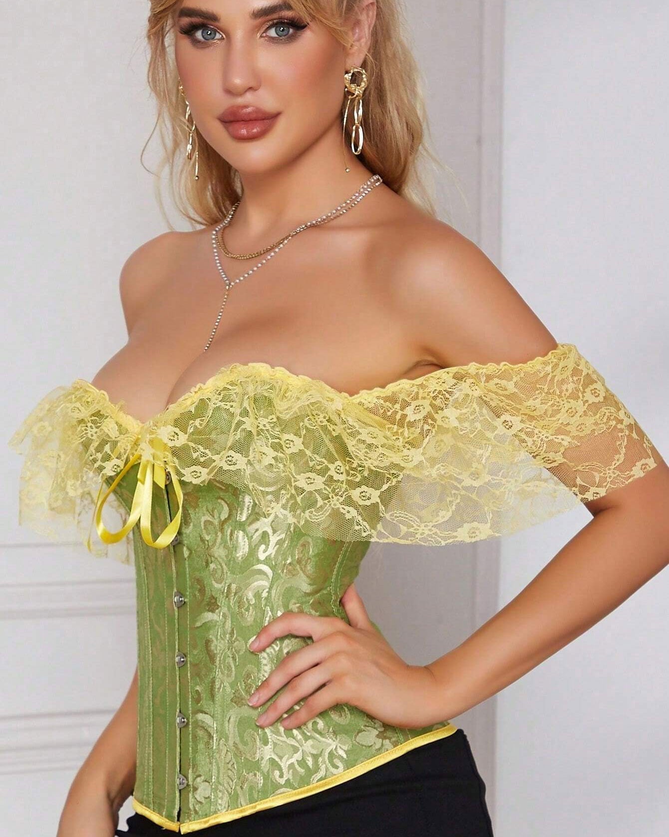Women Corset Top with Lace Sleeve Lace Up Sexy Bustier Lingerie