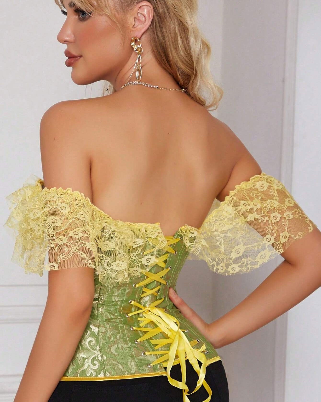 Women Corset Top with Lace Sleeve Lace Up Sexy Bustier Lingerie