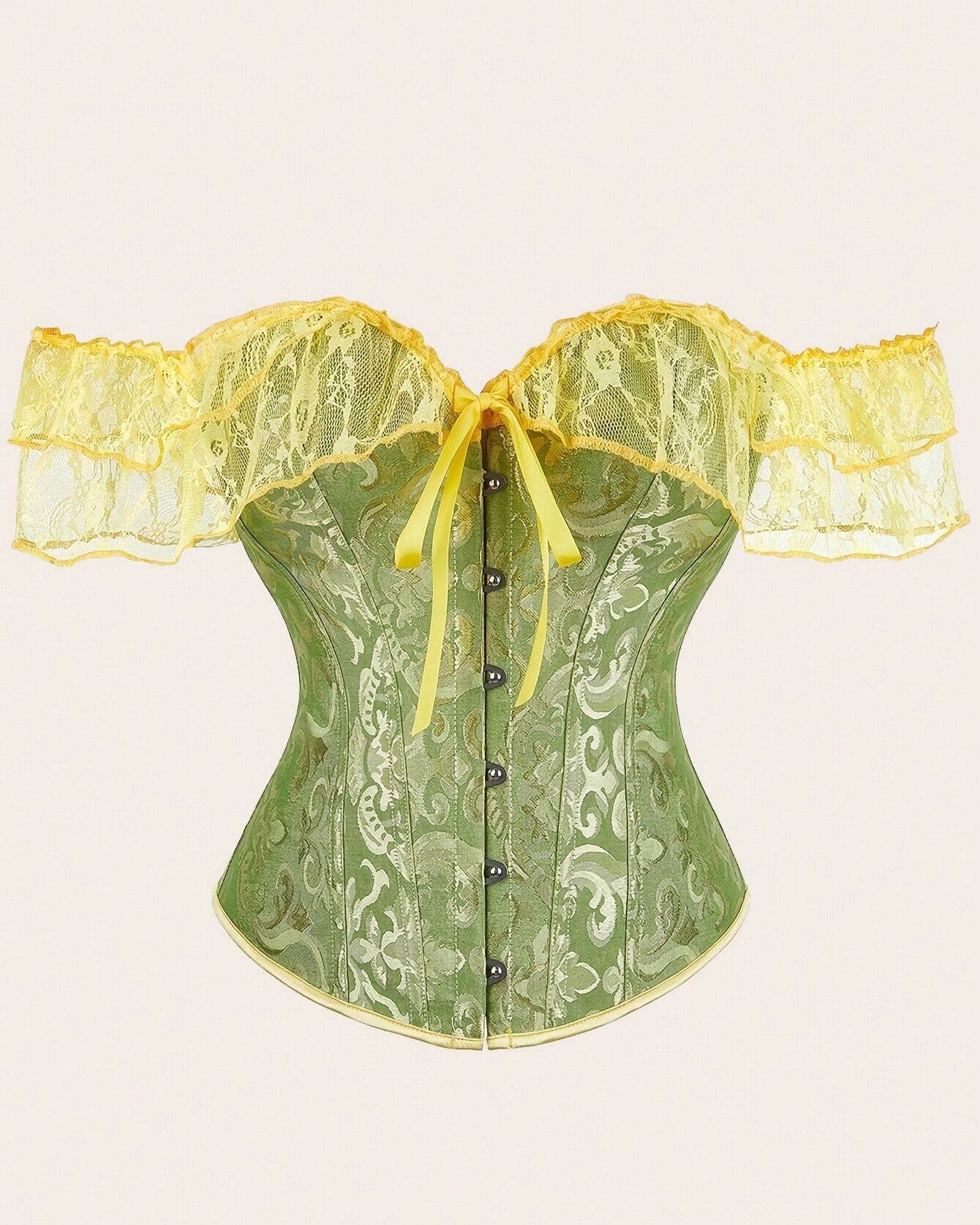 Women Corset Top with Lace Sleeve Lace Up Sexy Bustier Lingerie