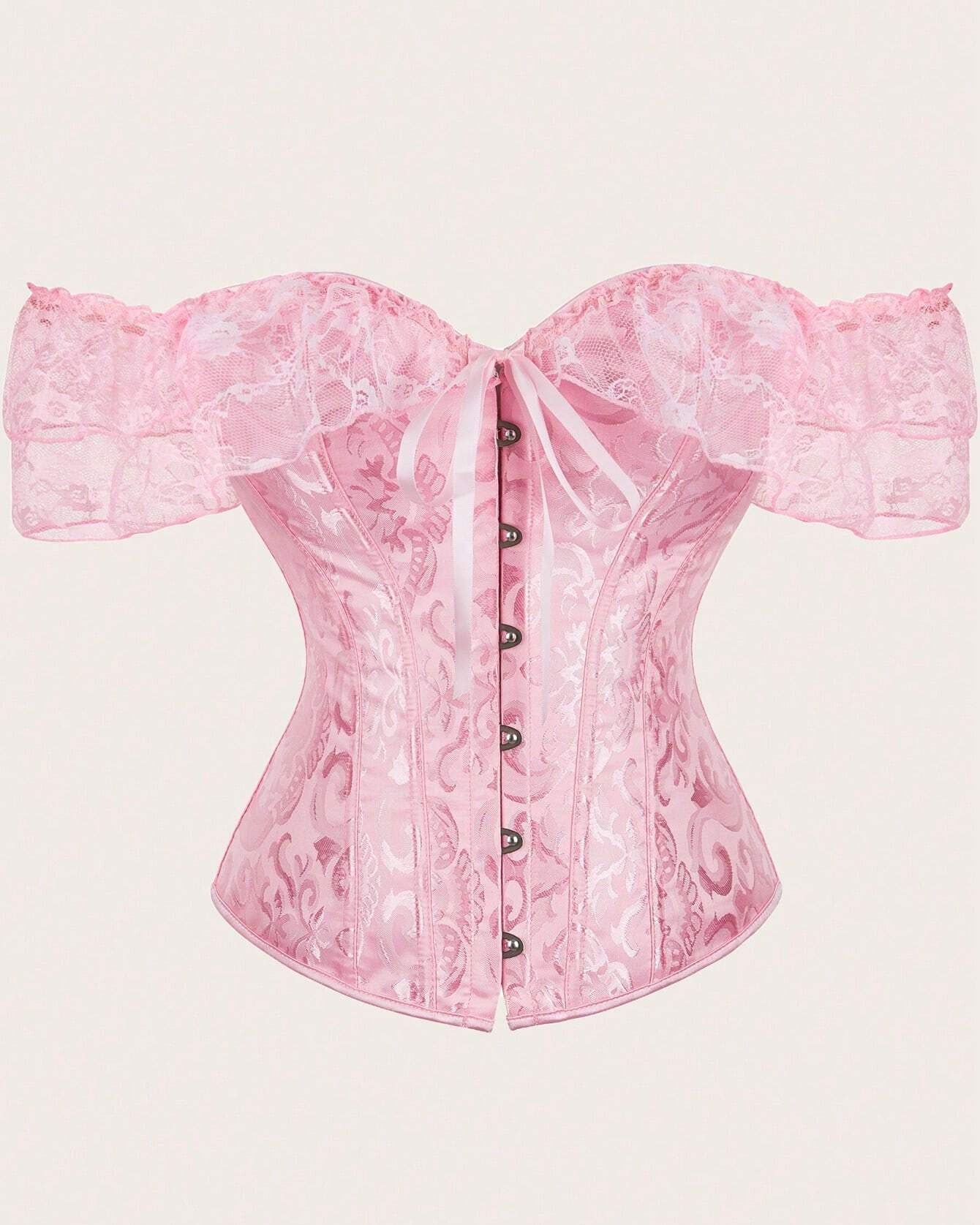 Women Corset Top with Lace Sleeve Lace Up Sexy Bustier Lingerie