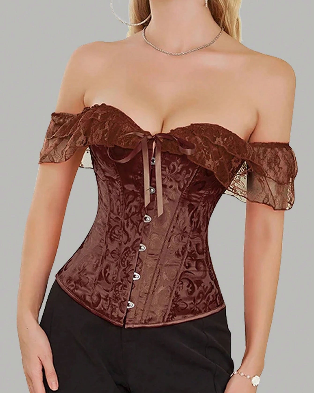 Women Corset Top with Lace Sleeve Lace Up Sexy Bustier Lingerie