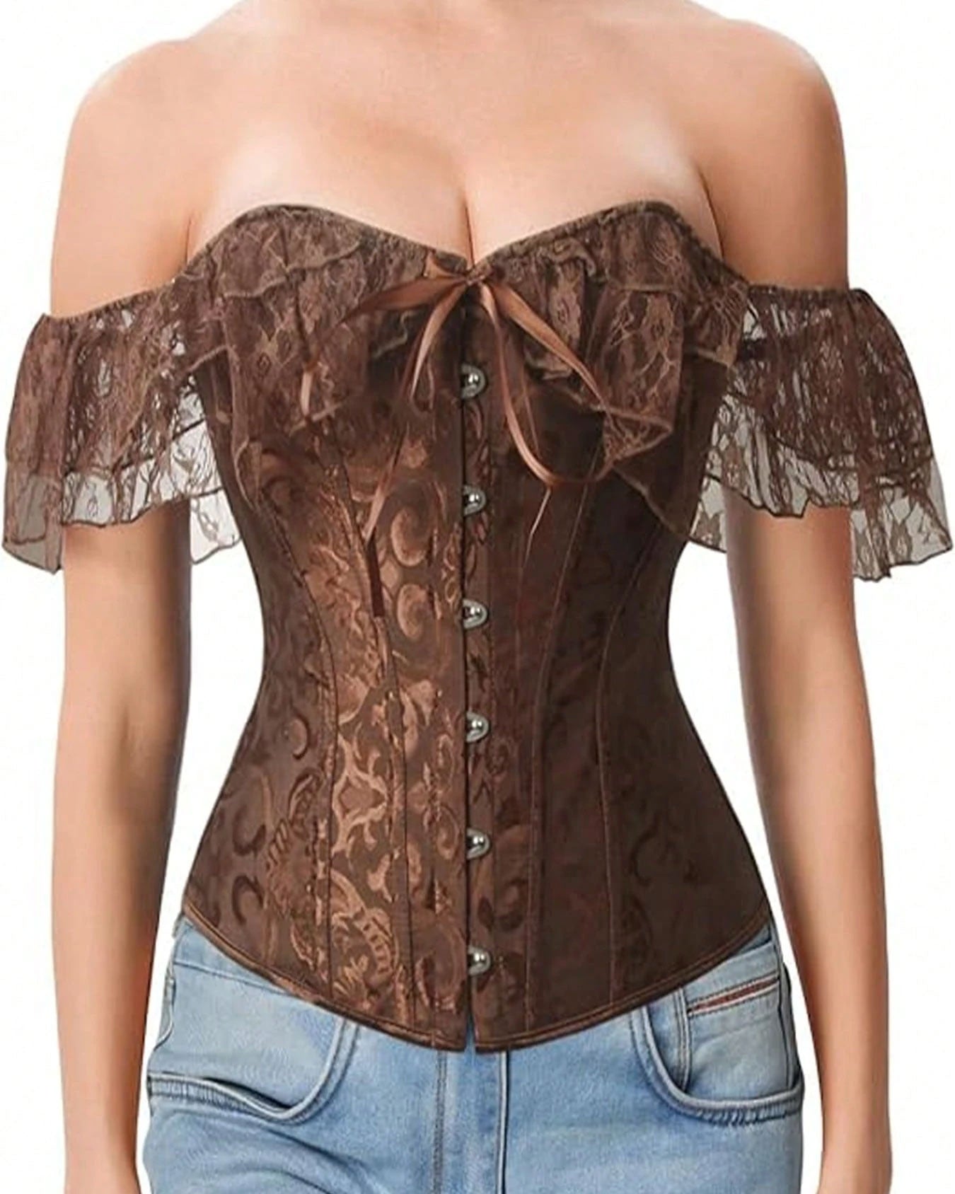 Women Corset Top with Lace Sleeve Lace Up Sexy Bustier Lingerie