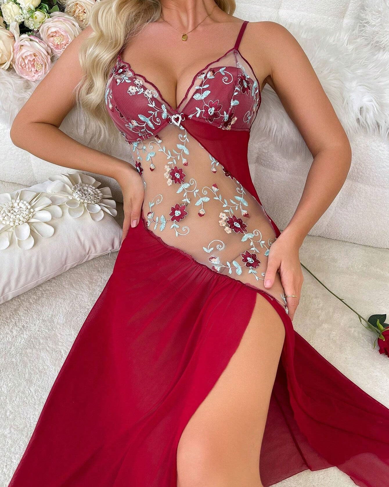 Floral Embroidery Mesh Sheer Nightgown Babydoll