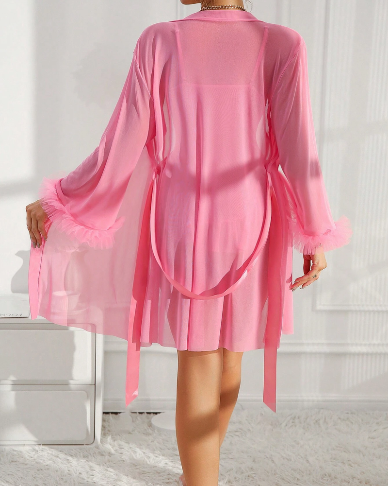 Lace Cami Nightgown & Floral Lace Trim Wide Sleeve Sheer Robe