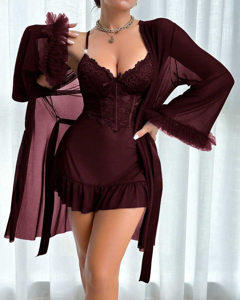 Lace Cami Nightgown & Floral Lace Trim Wide Sleeve Sheer Robe