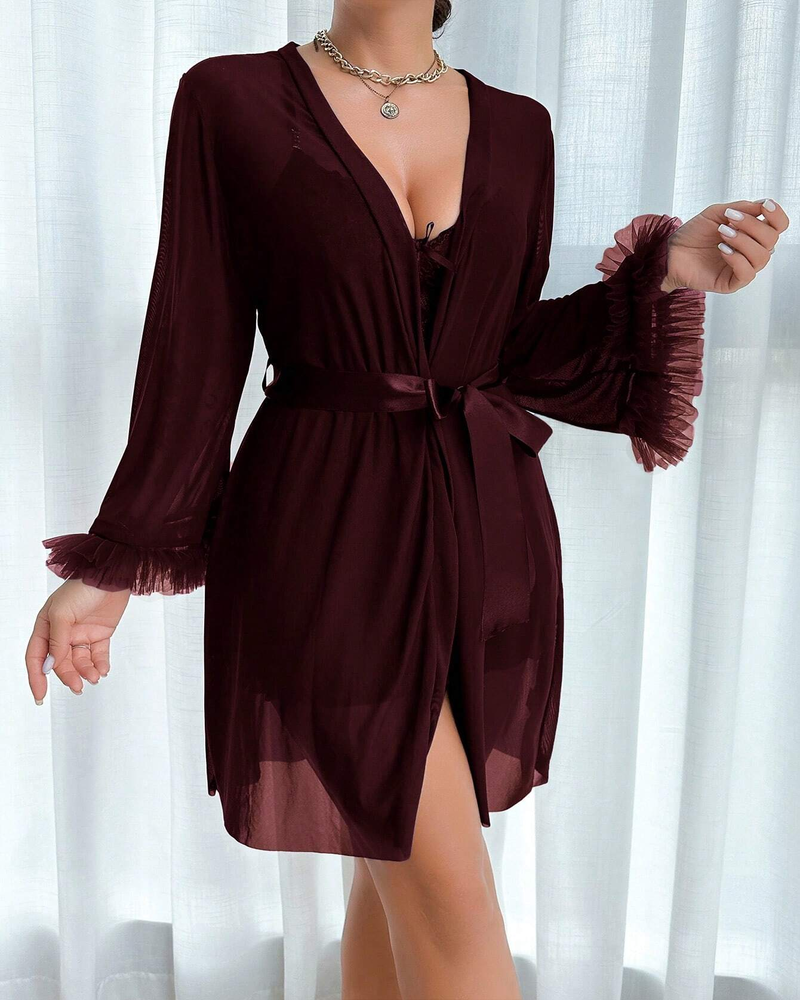 Lace Cami Nightgown & Floral Lace Trim Wide Sleeve Sheer Robe