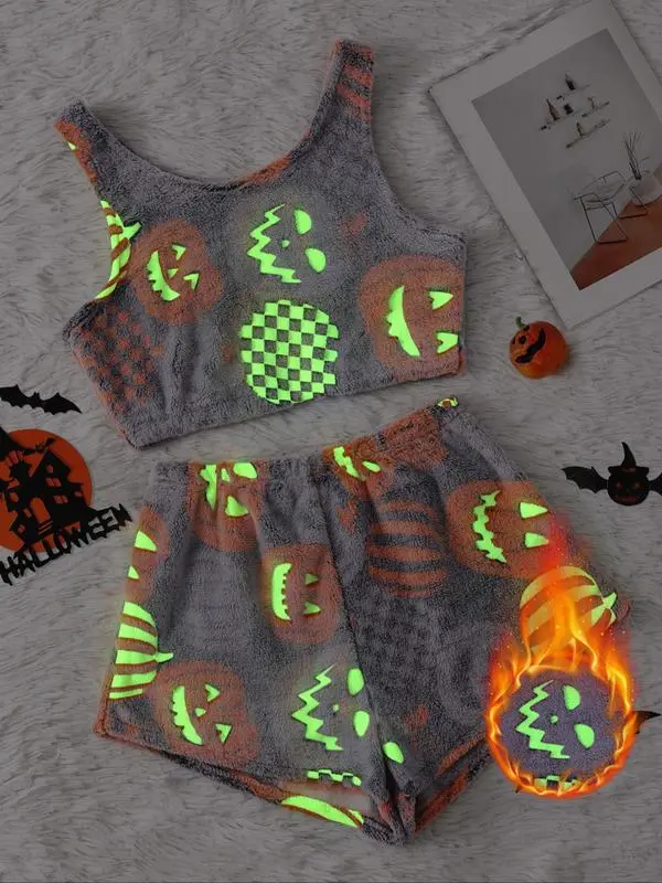 Women's Graphic Tank Top & Elastic Waist Shorts Flannel Pajama