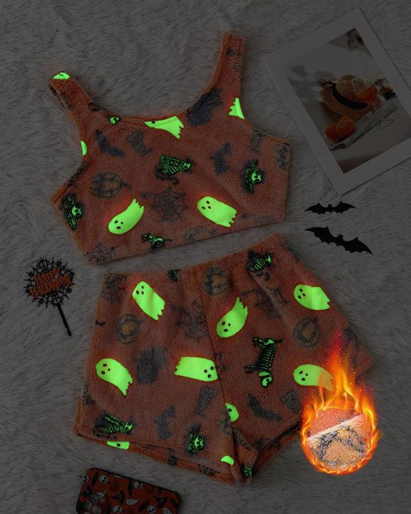 Women's Graphic Tank Top & Elastic Waist Shorts Flannel Pajama