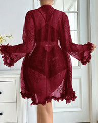 Sexy French-Style Sheer Lace Lingerie Set – Camisole, Shorts & Robe