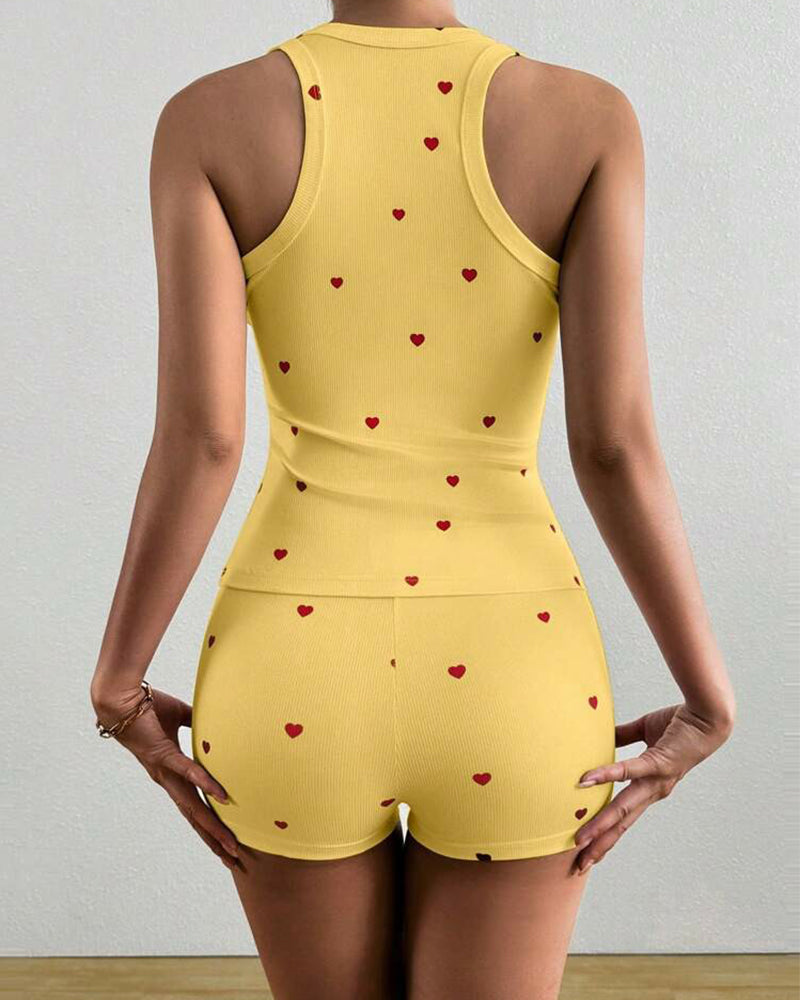Women's 2 Pieces Pajamas Set Heart Pattern U Neck Sleeveless Tank and Casual Strechy Waist Shorts Set