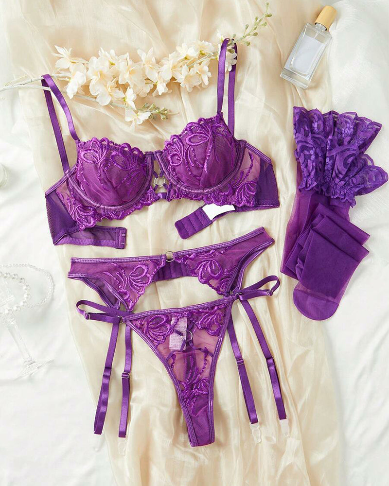 Embroidery Mesh Ring Linked Garter Underwire Lingerie Set