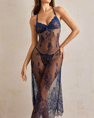 Women's Floral Embroidery Sheer Mesh Sexy Lingerie Cami Dress & Thong Set