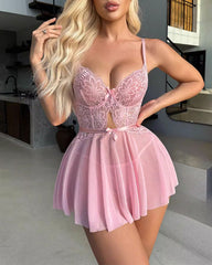 Lace mesh bow nightdress sexy babydoll