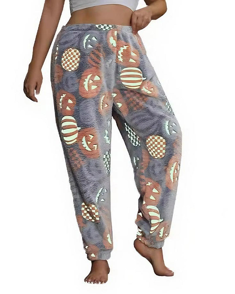 Halloween luminous flannel autumn and winter plus velvet graffiti luminous pants