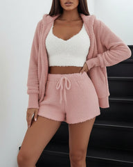 Women’s 3-Piece Plush Loungewear Set – Long Sleeve Top, Shorts & Pants