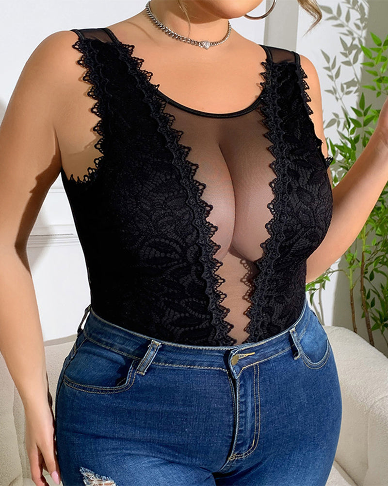 Lace stitching perspective sexy body shaping camisole jumpsuit