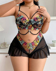 Sexy Plus Size Sheer Mesh Embroidered Lace Bodysuit Lingerie