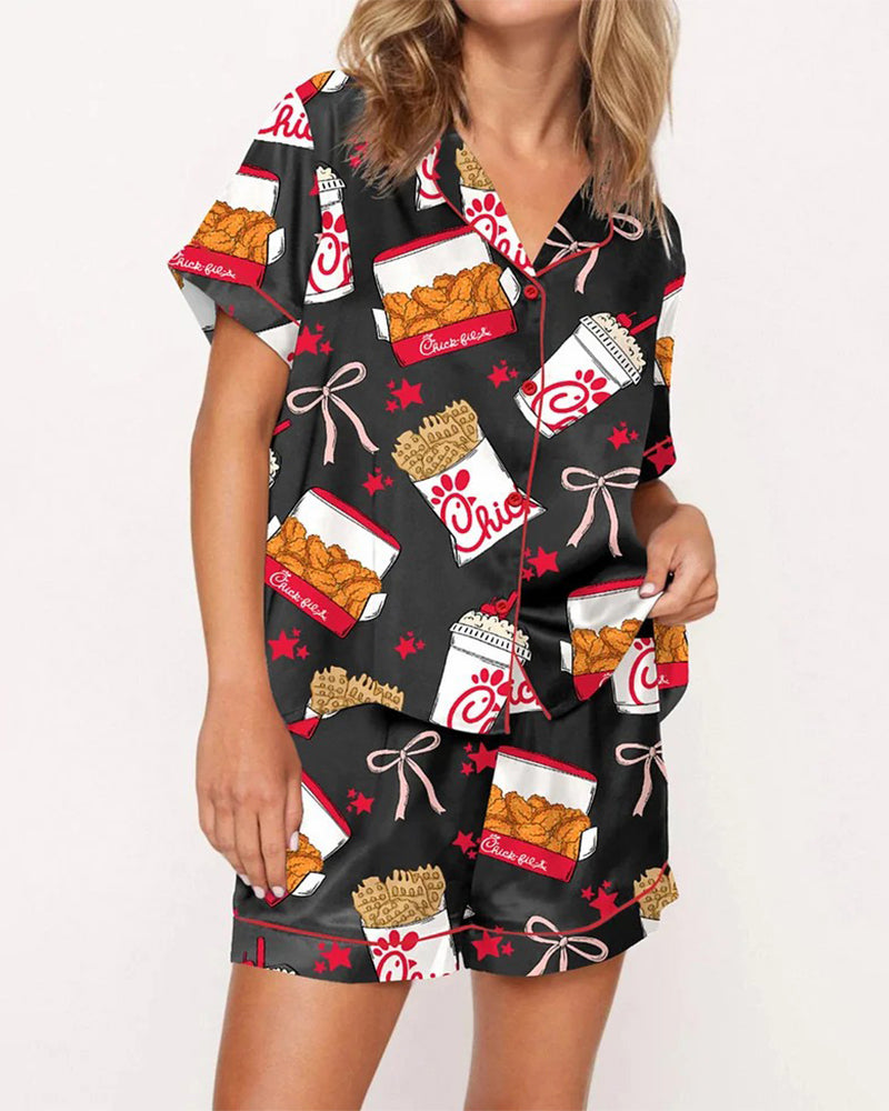 Women's  Print Shirt & Shorts Pyjama Two-piece Set
