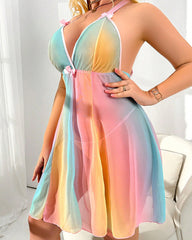 Plus Size Lace & Rainbow Sheer Mesh Nightdress Set with Thong