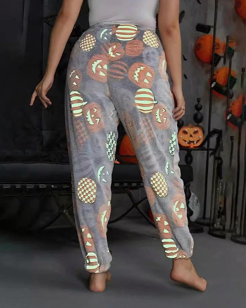 Halloween luminous flannel autumn and winter plus velvet graffiti luminous pants