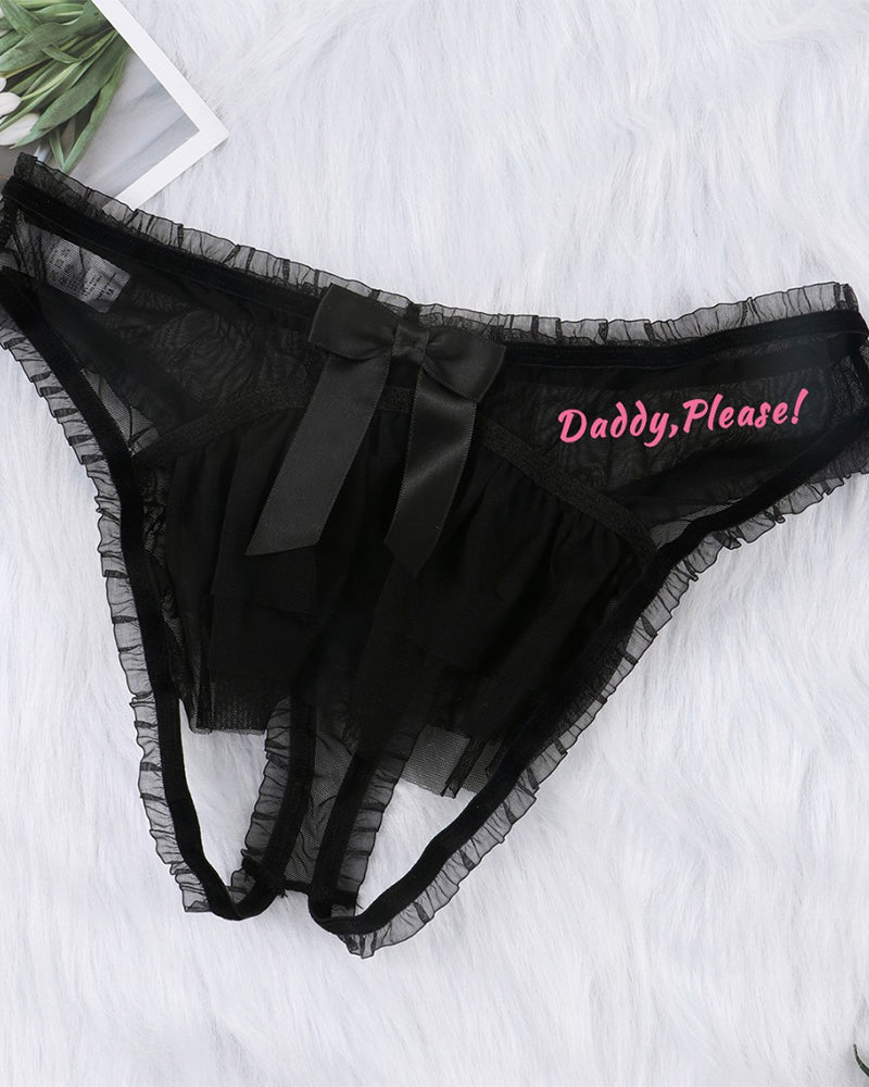 Transparent mesh printed bow panties sexy Crotchless thong