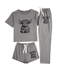 Women's Cow Print Tee & Short & Pants Pyjama Set