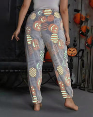 Halloween luminous flannel autumn and winter plus velvet graffiti luminous pants