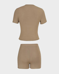 Solid Color Round Neck Casual Two-Piece Set