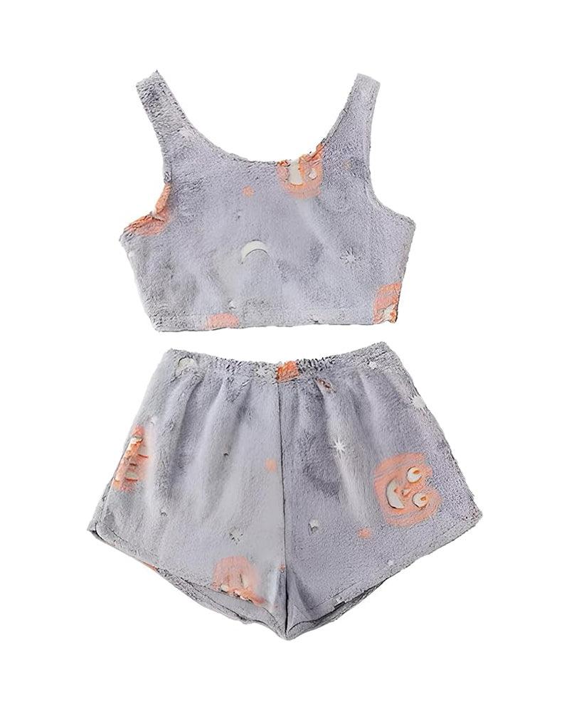 Women's Graphic Tank Top & Elastic Waist Shorts Flannel Pajama